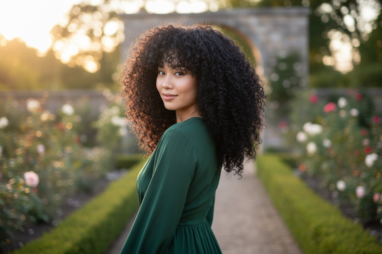 Roxya Beauty Hair Collection #155 Perruque brésilienne bouclée 100% cheveux Humain avec frange, cheveux Remy, sans colle, densité 200
