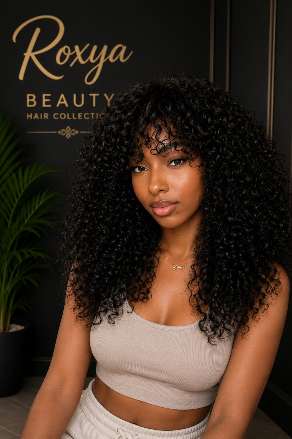 Roxya Beauty Hair Collection #155 Perruque brésilienne bouclée 100% cheveux Humain avec frange, cheveux Remy, sans colle, densité 200