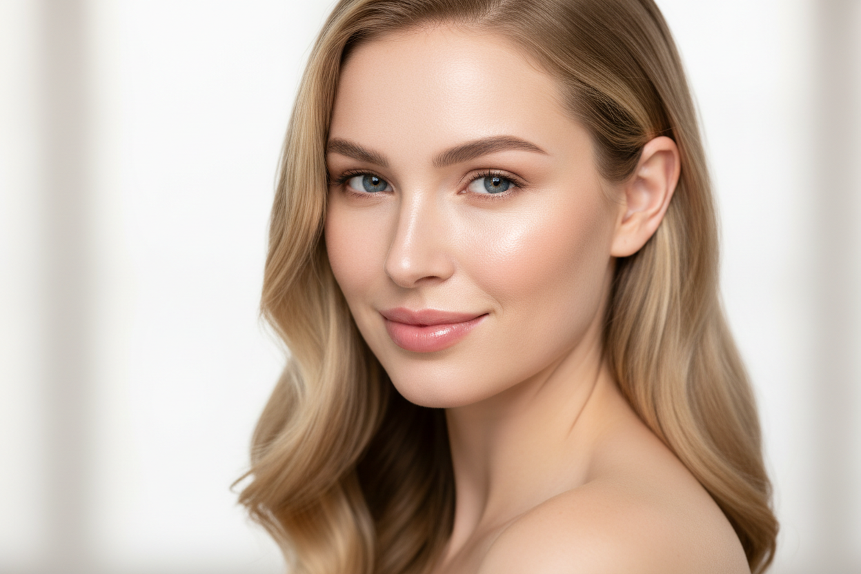 Femme blanche Belle avec peau éclat naturel 